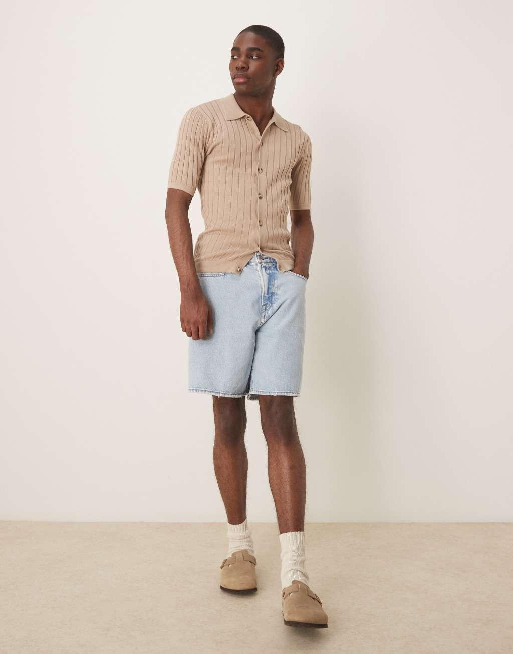 ASOS DESIGN lightweight knit rib button through polo in stone Product Image