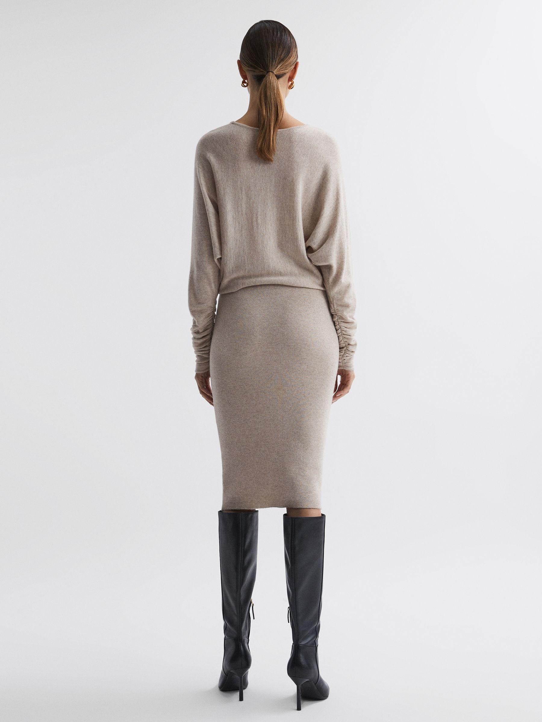 Wool Blend Ruched Sleeve Midi Dress in Neutral Product Image