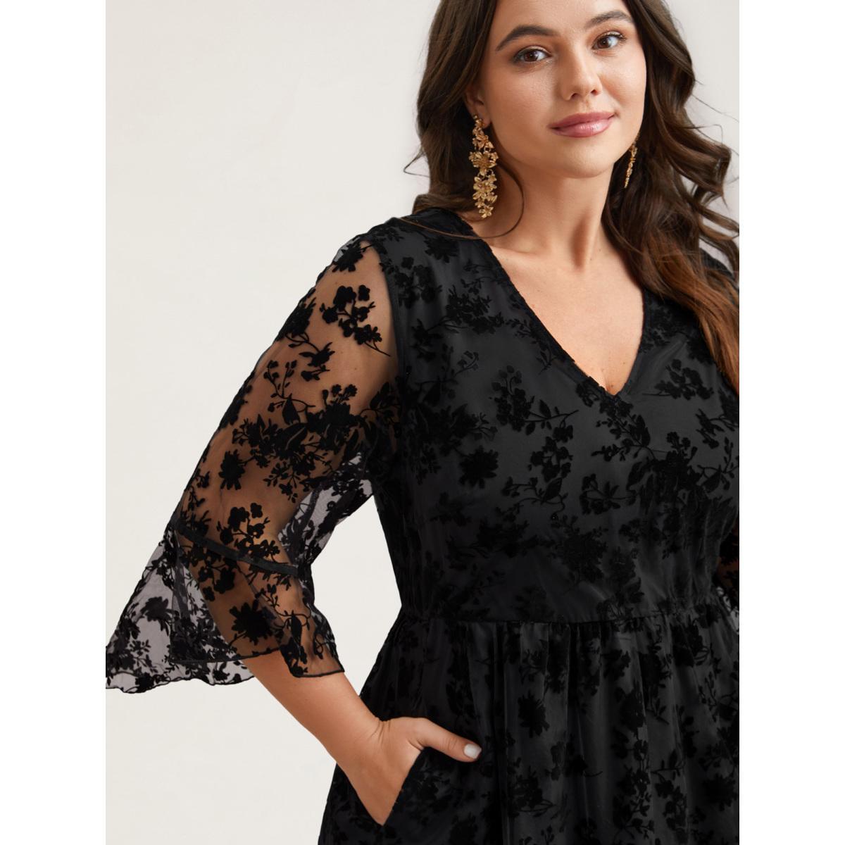 Plus Size Sheer Textured Waist-Cinched Midi Dress Black Women Elegant Texture V-neck Elbow-length sleeve Curvy BloomChic 18-20/2X Product Image