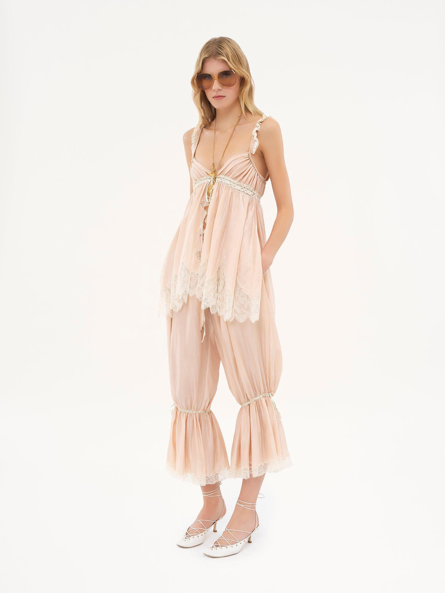 Sleeveless top in washed silk pongé & lace Product Image