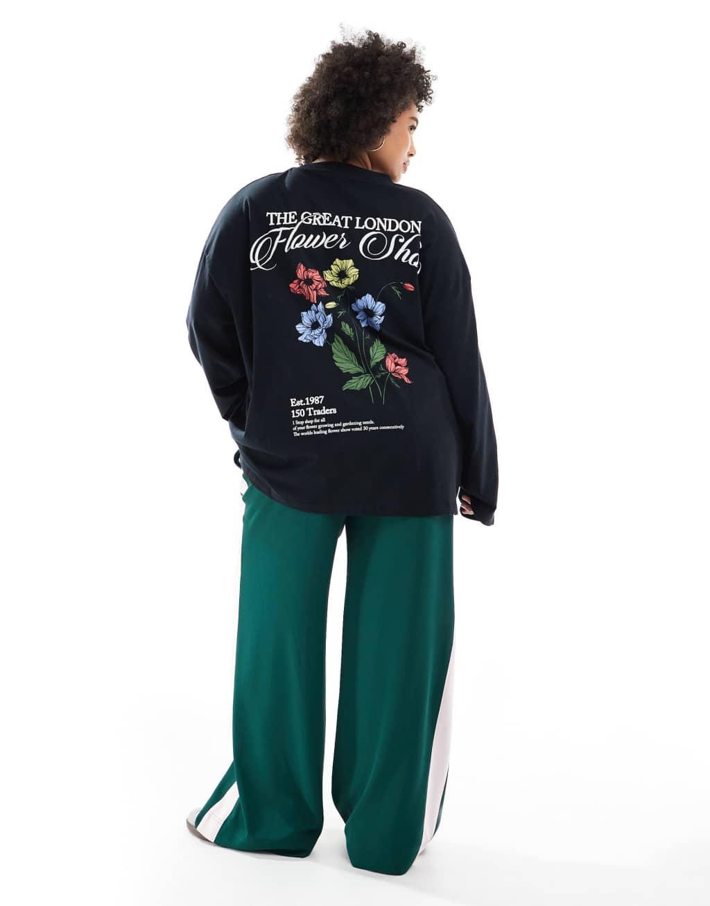 ASOS DESIGN Curve long sleeve skater with flower back graphic in black Product Image