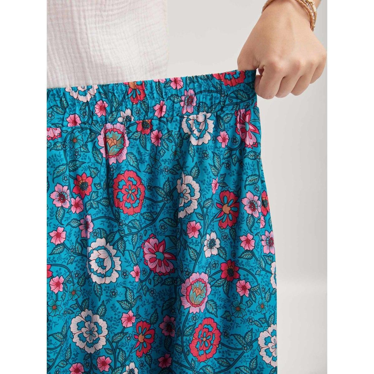 Plus Size Floral Fun Wide-Waist Maxi Skirt Women Cerulean Resort Patchwork Low stretch Slanted pocket Vacation Skirts BloomChic 26/4X Product Image