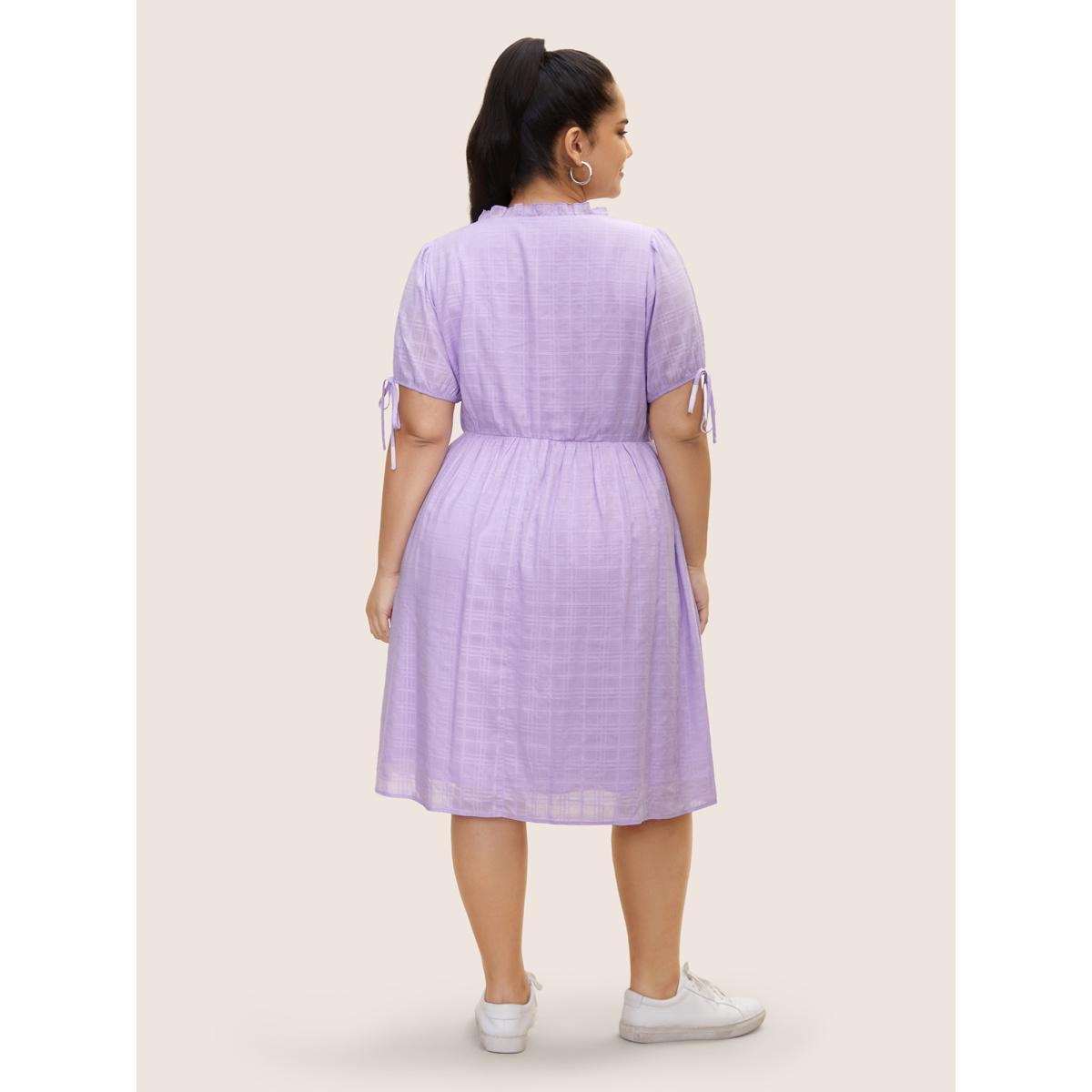 Plus Size Plaid Drawstring Puff Sleeve Frill Trim Dress Lilac Women Casual V-neck Short sleeve Curvy BloomChic 12/L Product Image