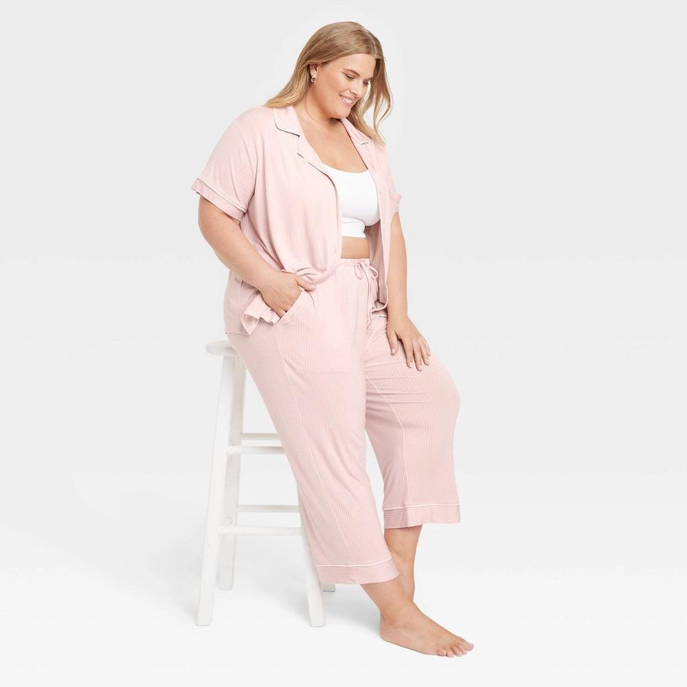 Women's Cloud Knit Short Sleeve Notch Collar Top and Cropped Pants Pajama Set - Auden™ /Striped 3X: Modal Blend, Elastic Waistband Product Image