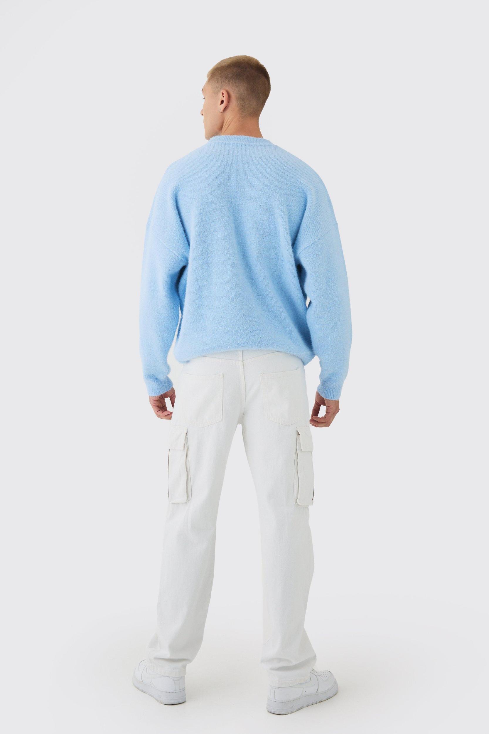 Oversized Fluffy Teddy Sweater in Blue | boohooMAN USA Product Image
