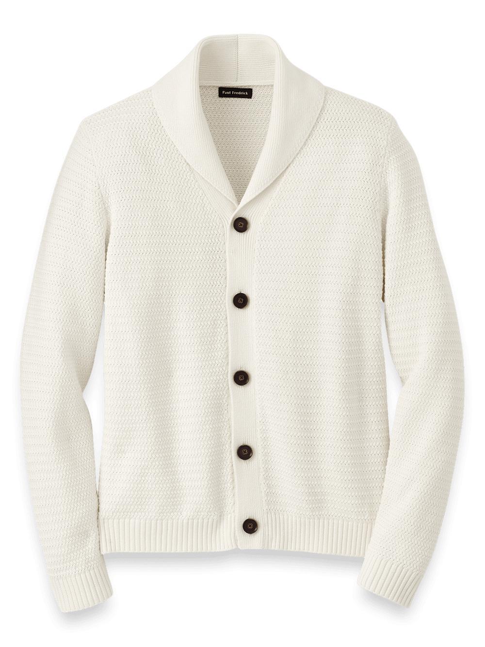 Cotton Button Front Shawl Collar Cardigan Sweater - Ivory Product Image