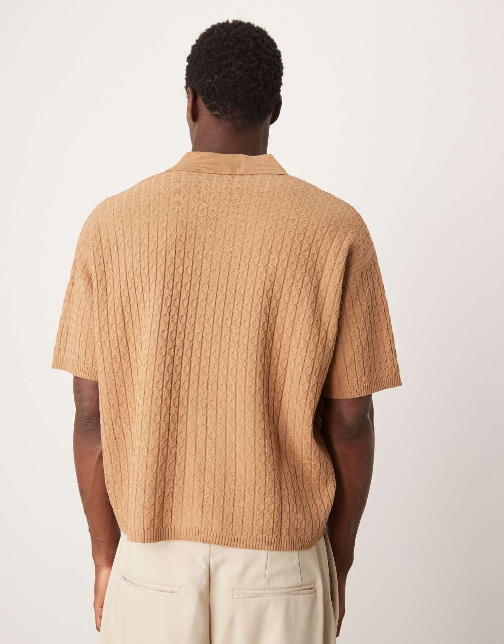 ASOS DESIGN oversized lightweight knitted shirt with cable knit in brown  Product Image