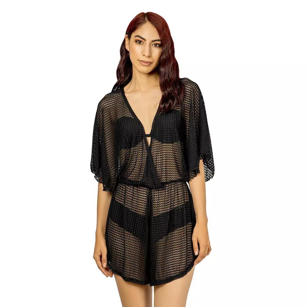 Women's Jordan Taylor Batwing-Sleeve Sheer Swim Cover-Up Romper, Size: Large, Black Product Image