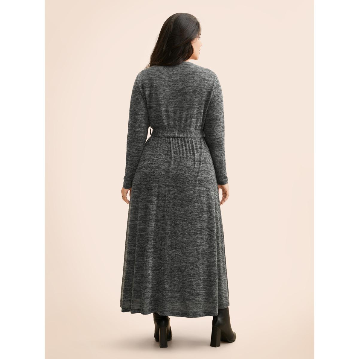 Plus Size Round Neck Heather Belted Dress DimGray Women At the Office Texture Round Neck Long Sleeve Curvy BloomChic 18-20/2X Product Image