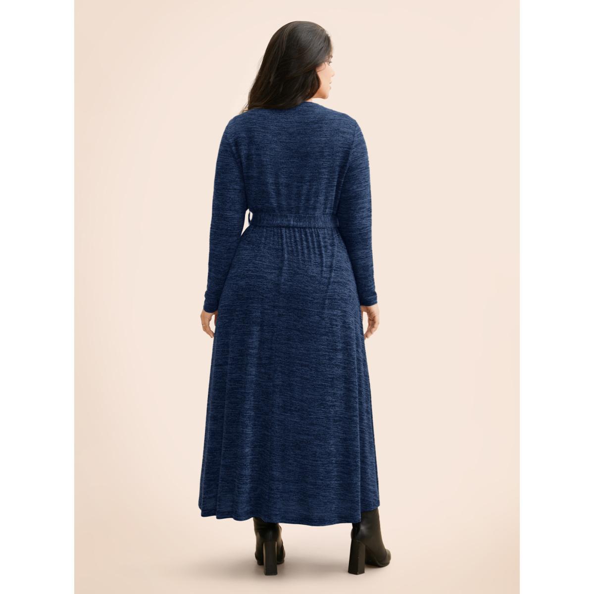 Plus Size Round Neck Heather Belted Dress Mediumblue Women At the Office Texture Round Neck Long Sleeve Curvy BloomChic 12/L Product Image