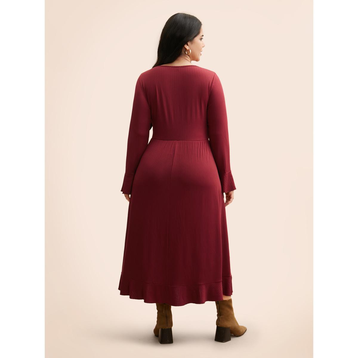 Plus Size V Neck Button Detail Rib Knit Dress Burgundy Women Casual Texture V-neck Long Sleeve Curvy BloomChic 30/6X Product Image