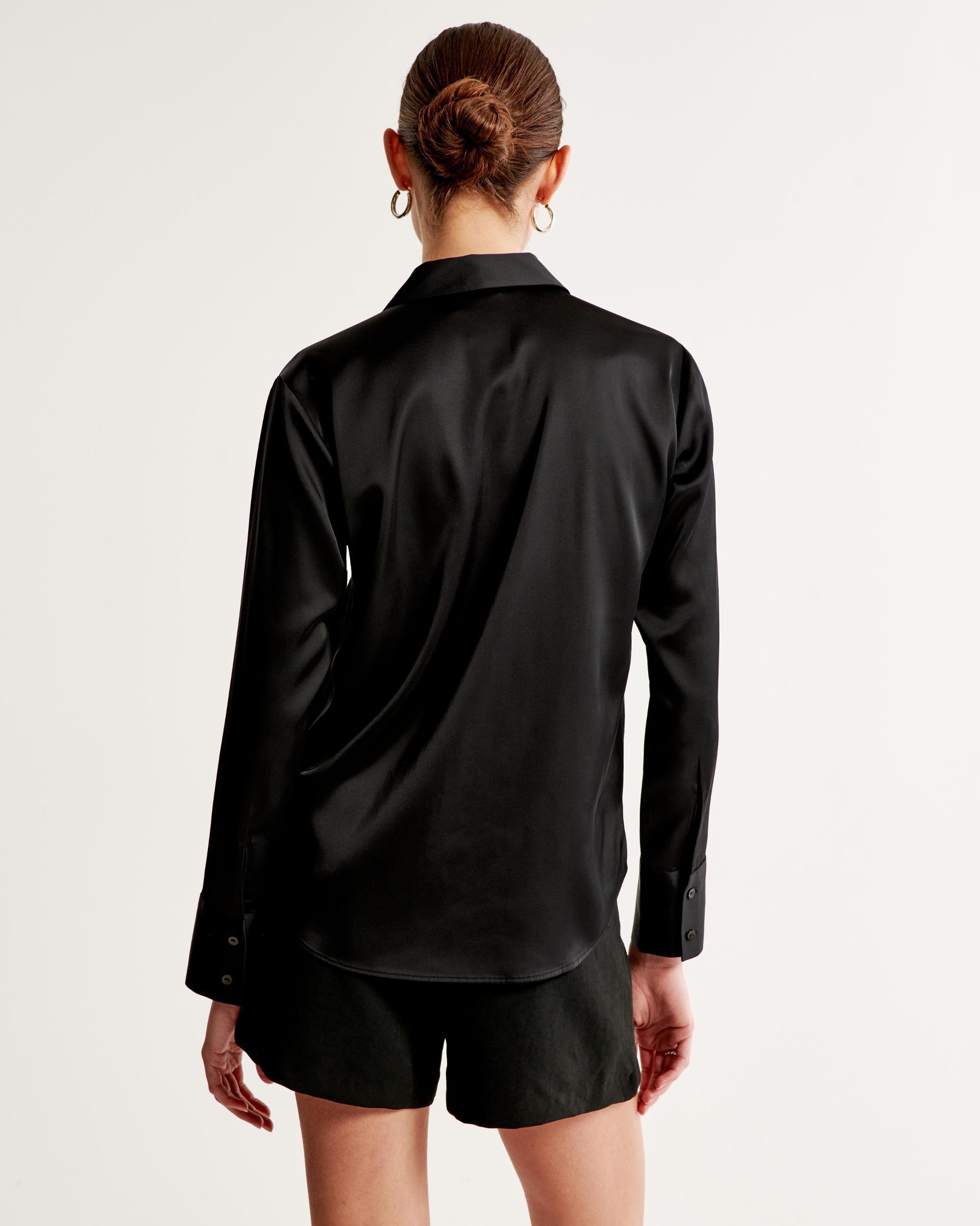 Long-Sleeve Satin Button-Up Shirt Product Image