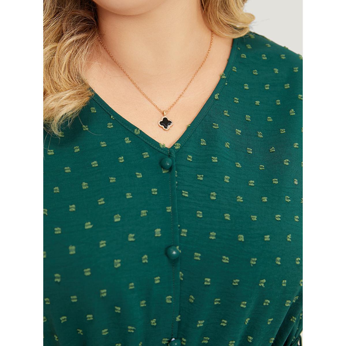 Plus Size Polka Dot Layered Sleeve Pocket Button Up Belted Flutter Dress Green Women Elegant Button V-neck Cap Sleeve Curvy Knee Dress BloomChic 10/M Product Image