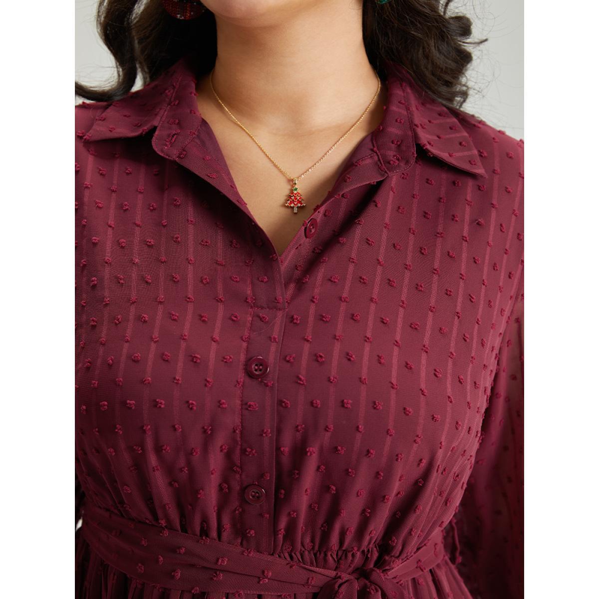 Plus Size Plain Textured Shirt Collar Gathered Belted Dress Scarlet Women Office Elastic cuffs Shirt collar Long Sleeve Curvy Midi Dress BloomChic 14-16/1X Product Image