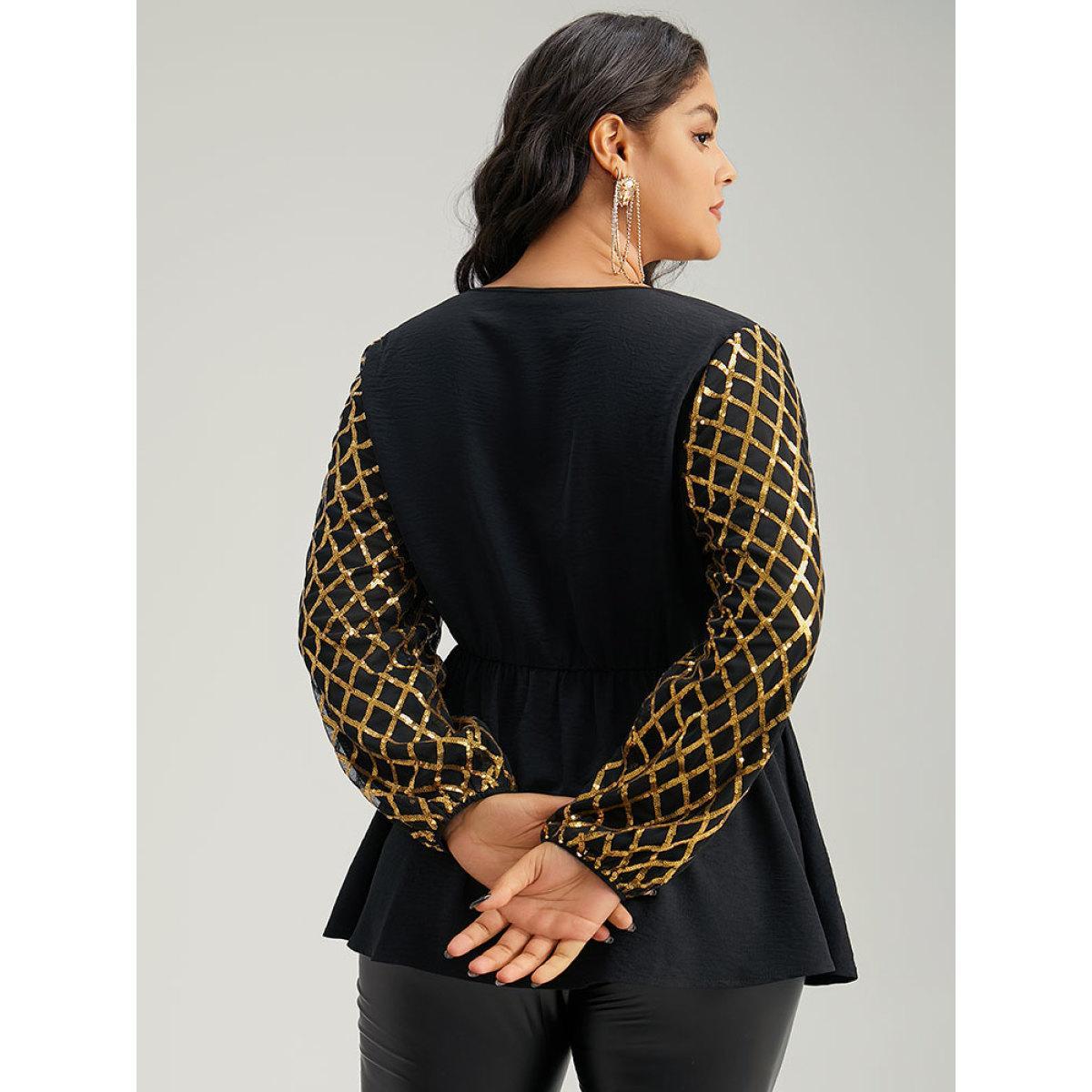 Plus Size Black Plaid Sequin Patchwork Wrap Blouse Women Glamour Long Sleeve Overlap Collar Festival-Christmas Blouses BloomChic 12/L Product Image