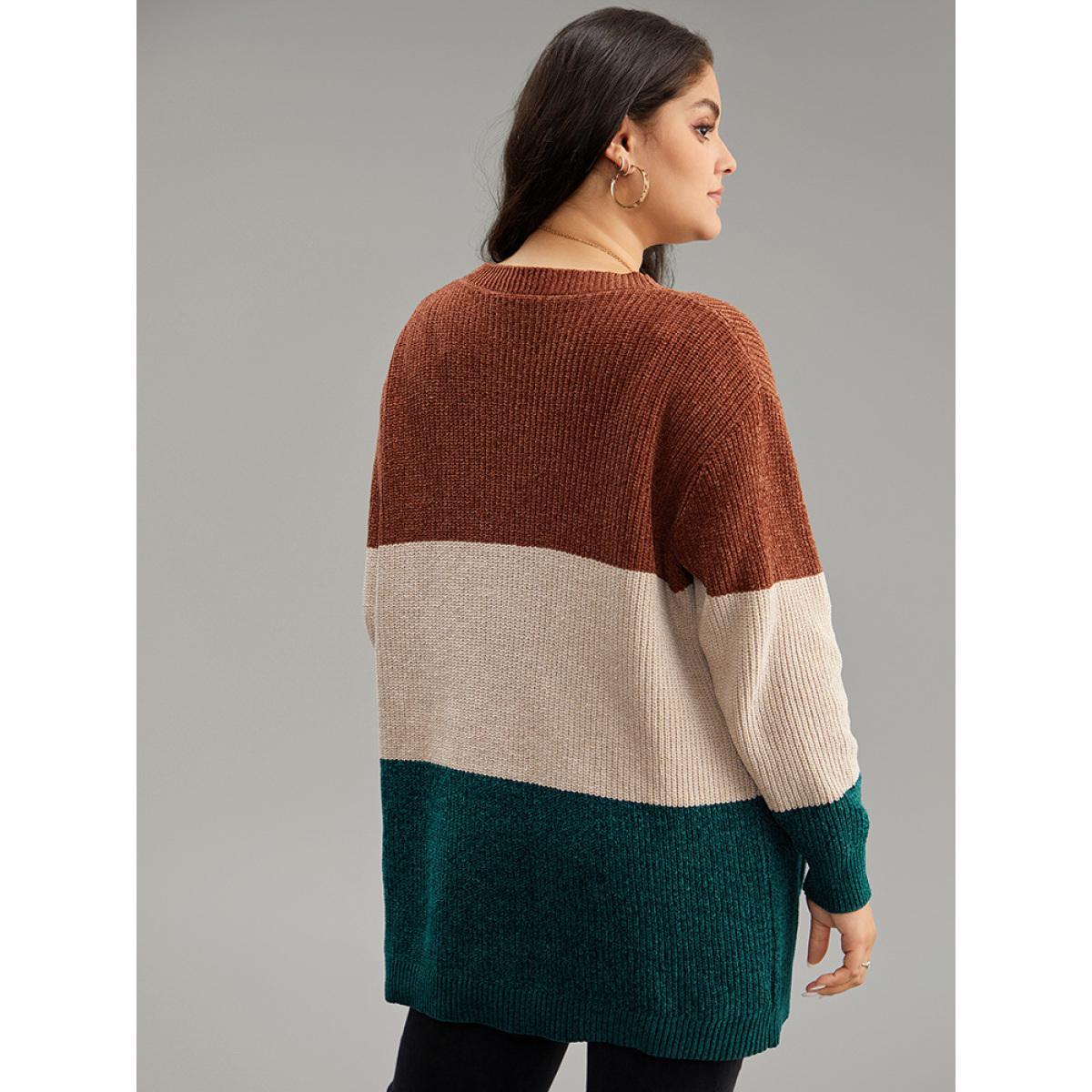 Plus Size Open Front Colorblock Patched Pocket Cardigan Multicolor Women Casual Loose Long Sleeve Dailywear Cardigans BloomChic 10/M Product Image