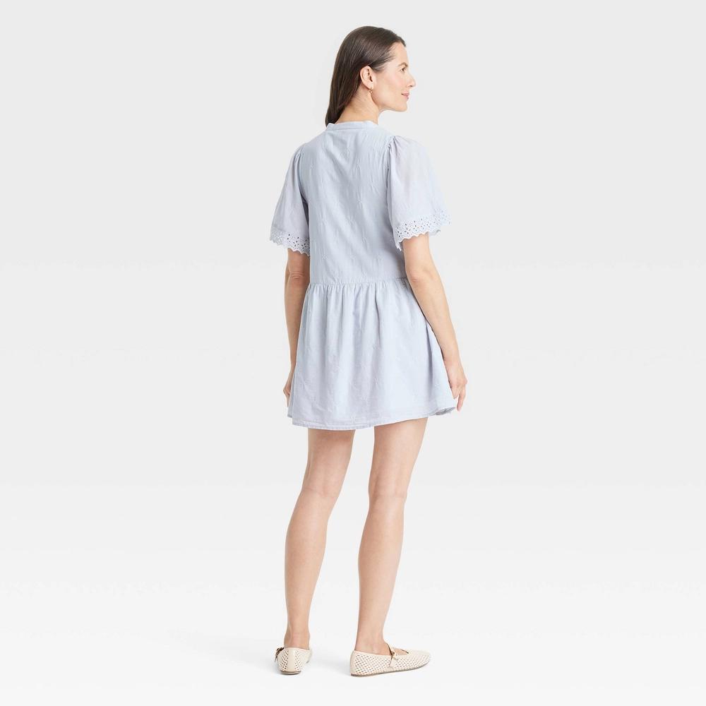 Women's Short Sleeve Eyelet Mini Skater Dress - Universal Thread™ Blue L: Cotton, Front Button Down, Full Lining Product Image