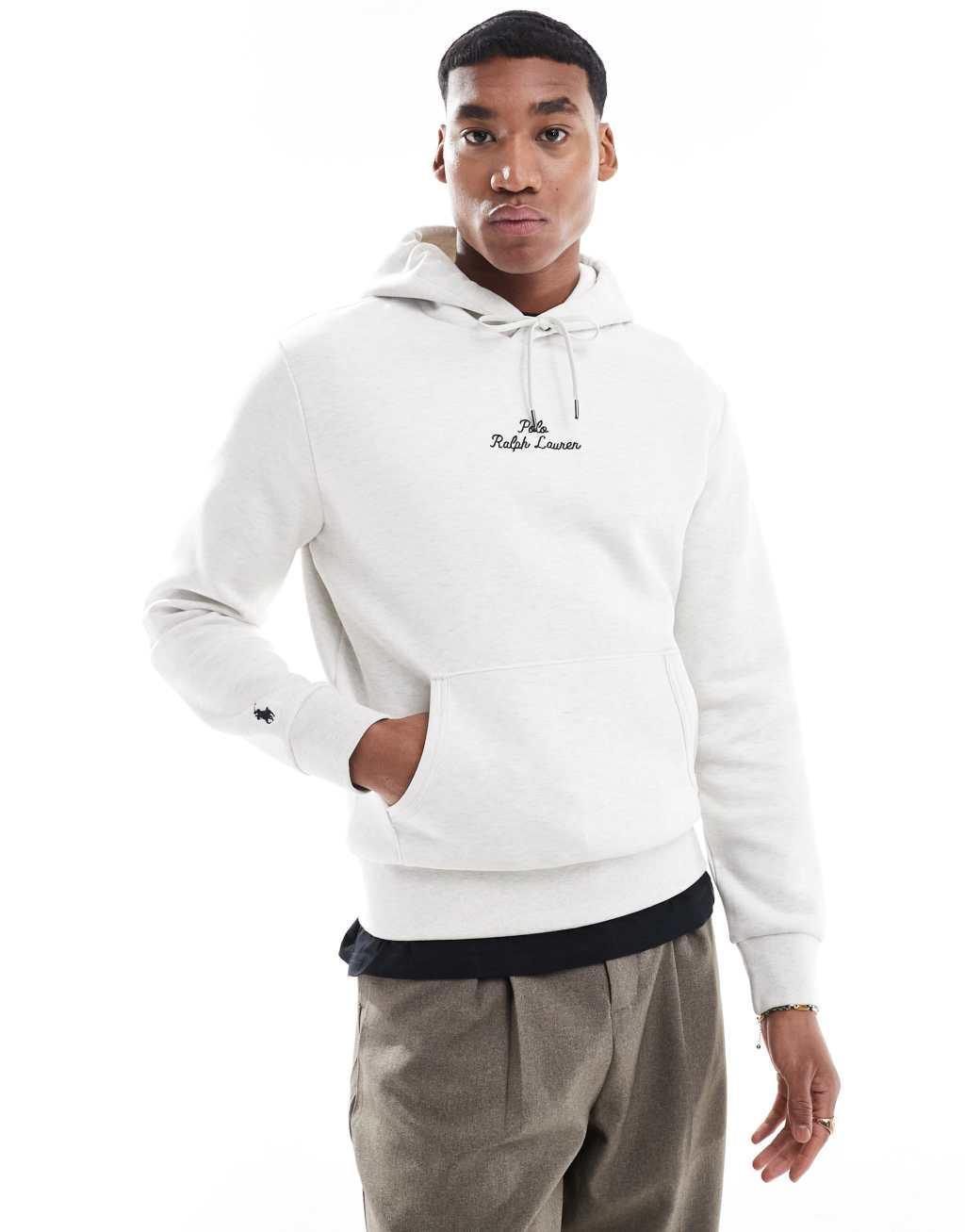 Polo Ralph Lauren central script logo double knit hoodie in heathered stone Product Image