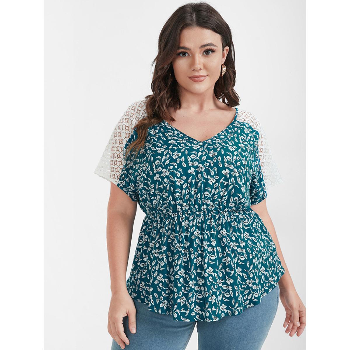 Plus Size Teal Ditsy Floral Ruffles Raglan Sleeve Contrast Lace Blouse Women Elegant Short sleeve V-neck Dailywear Blouses BloomChic 22-24/3X Product Image
