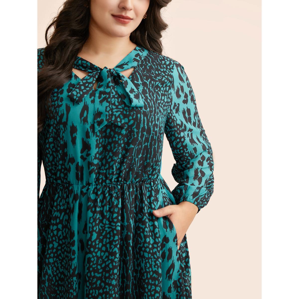 Plus Size Leopard Print Elastic Waist Tie Knot Dress Teal Women Elegant Tie knot Ribbon-tied collar Long Sleeve Curvy BloomChic 18-20/2X Product Image