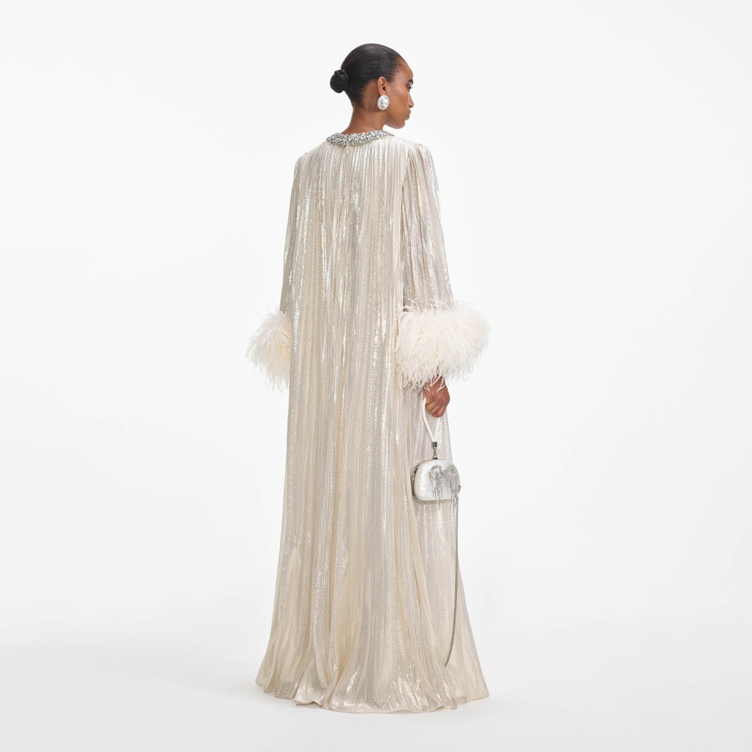 Gold Metallic Feather Maxi Dress Product Image