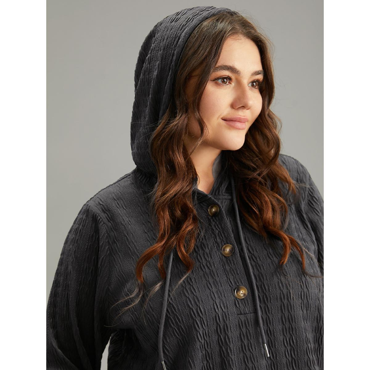 Plus Size Plain Texture Hooded Jacquard Sweatshirt Women Gray Casual Texture Hooded Dailywear Sweatshirts BloomChic 30/6X Product Image
