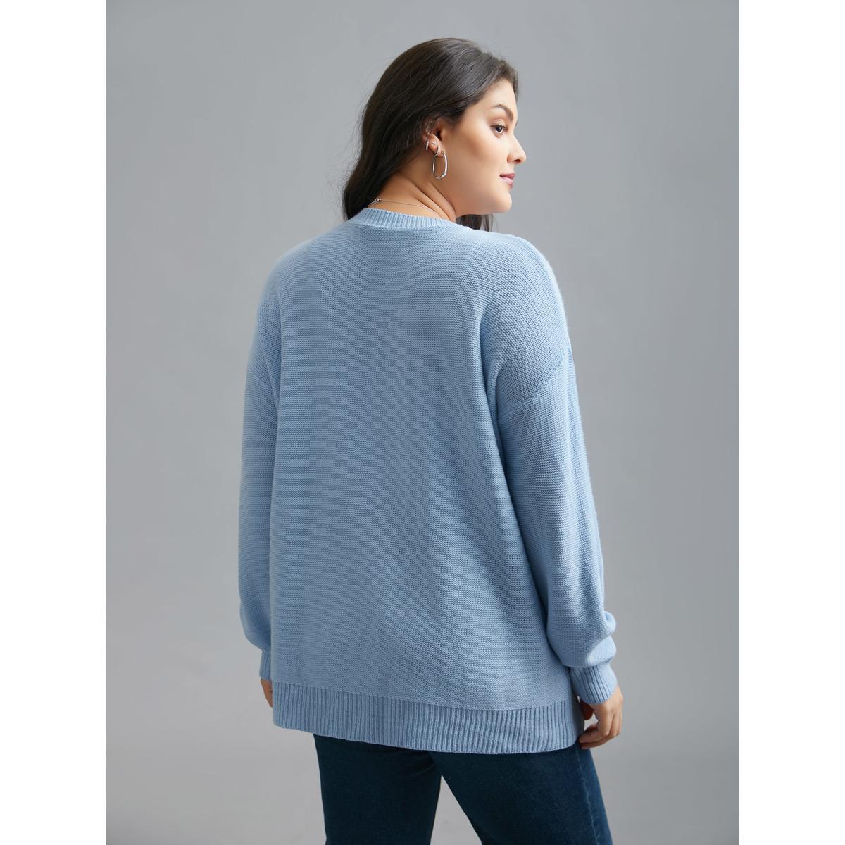 Plus Size Solid Round Neck Plisse Cable Knit Pullover LightBlue Women Casual Loose Long Sleeve Round Neck Everyday Pullovers BloomChic 12/L Product Image