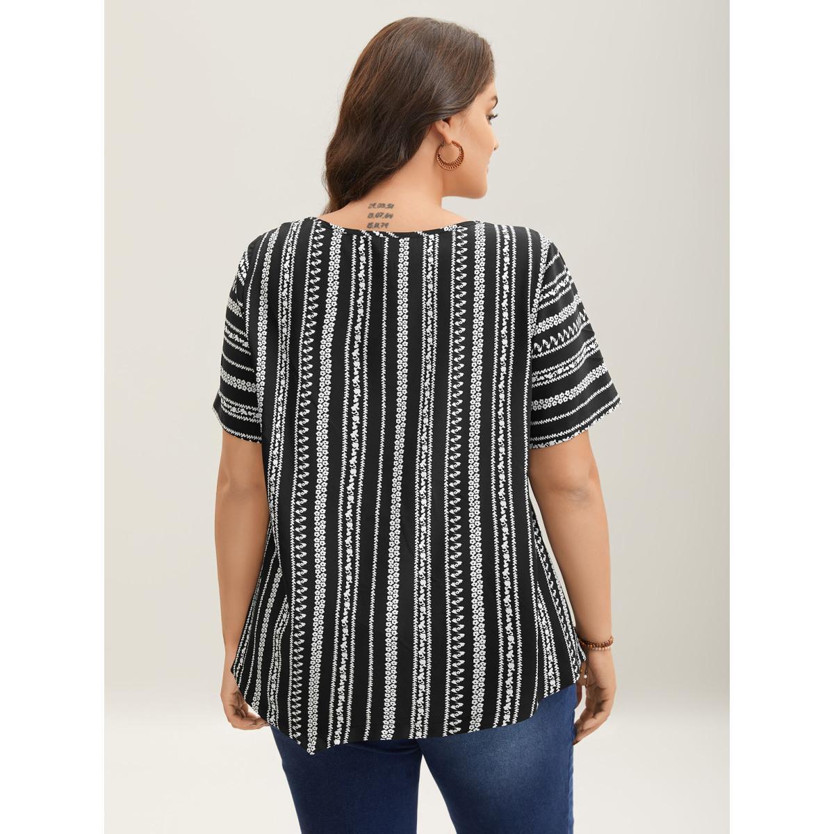 Plus Size Black Striped Overlap Print Curvy Hem Blouse Women Resort Short sleeve Round Neck Vacation Blouses BloomChic 18-20/2X Product Image