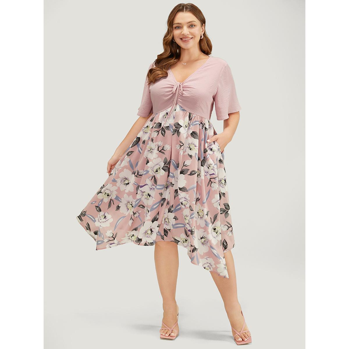 Plus Size Floral Hanky Hem Ruffle Pocket Ruched Drawstring Dress Pink Women Elegant Lined V-neck Short sleeve Curvy Midi Dress BloomChic 14-16/1X Product Image