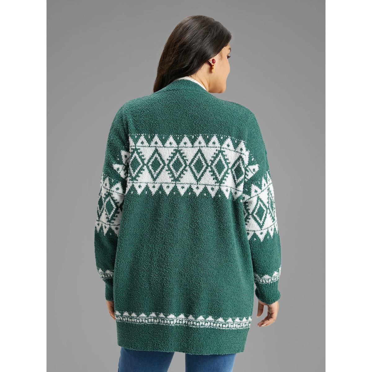 Plus Size Fuzzy Geo Graphic Button Fly Cardigan DarkGreen Women Casual Loose Long Sleeve Festival-Christmas Cardigans BloomChic 14-16/1X Product Image