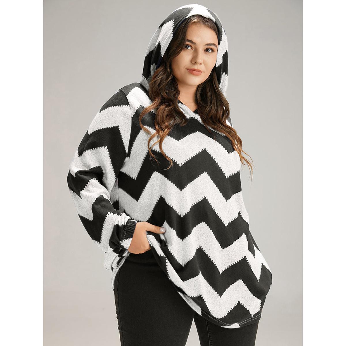 Plus Size Geo Striped Hooded Elastic Cuffs T-shirt Black Women Casual Elastic cuffs Geometric Hooded Dailywear T-shirts BloomChic 14-16/1X Product Image
