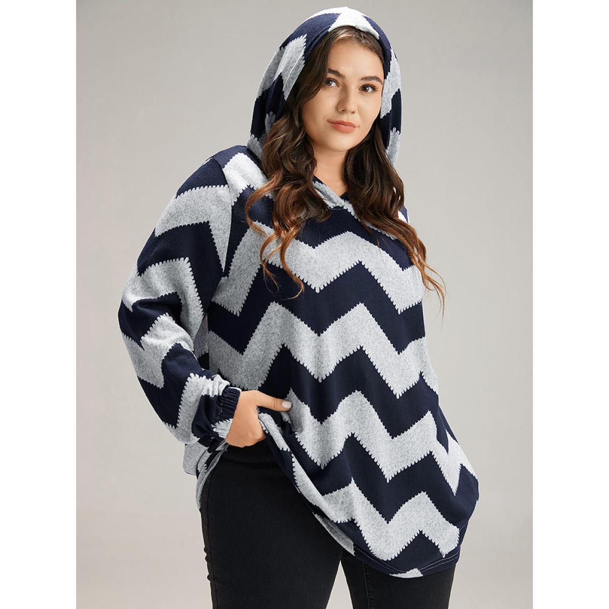 Plus Size Geo Striped Hooded Elastic Cuffs T-shirt Navy Women Casual Elastic cuffs Geometric Hooded Dailywear T-shirts BloomChic 22-24/3X Product Image