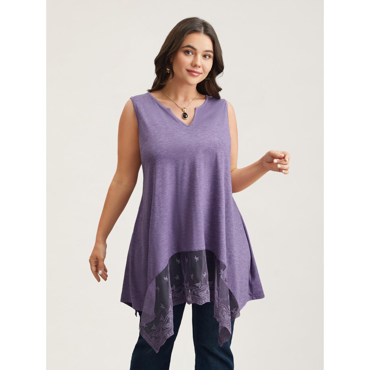 Plus Size Notched Collar Sheer Lace Hi-Low Hem Vest Women Mauve Elegant Patchwork Notched collar Everyday Tank Tops Camis BloomChic 26/4X Product Image