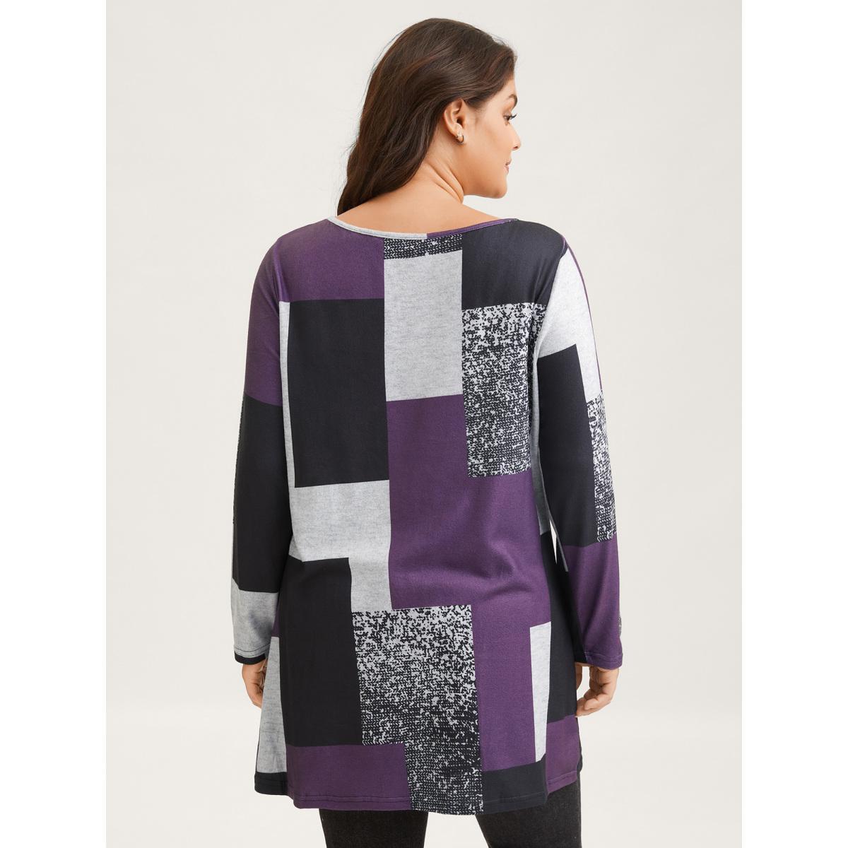 Plus Size Colorblock Contrast Round Neck T-shirt Eggplant Women Elegant Contrast Colorblock Boat Neck Dailywear T-shirts BloomChic 26/4X Product Image