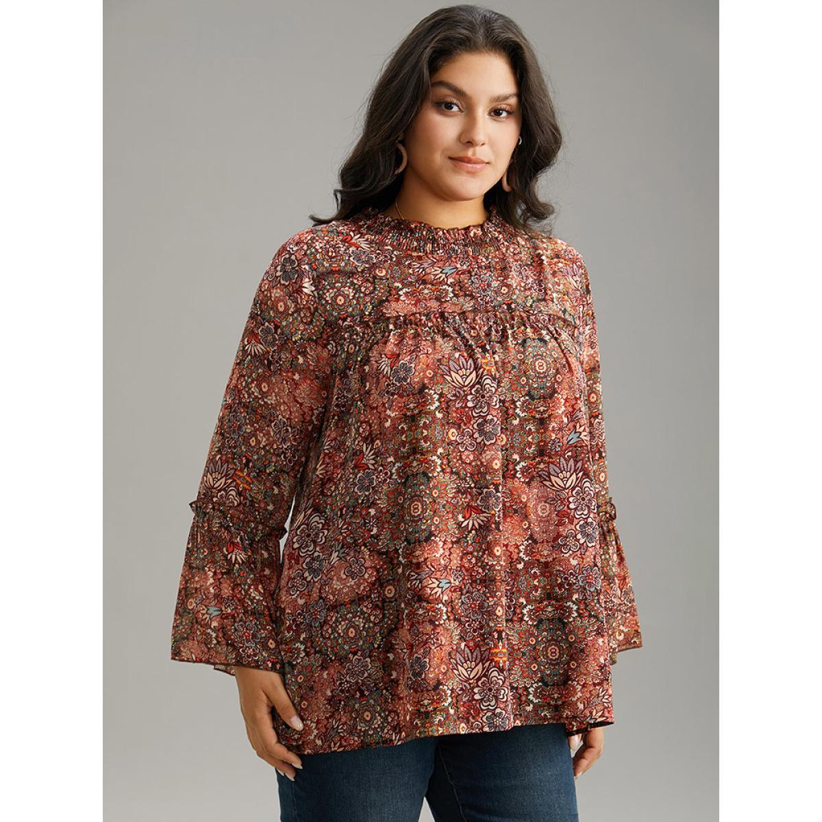 Plus Size Scarlet Bandana Print Mesh Frill Trim Blouse Women Elegant Long Sleeve Round Neck Vacation Blouses BloomChic 22-24/3X Product Image