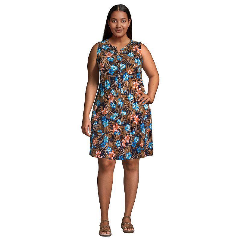 Plus Size Lands' End Crinkle Button Front Tank Top, Women's, Size: 2XL, Blue Tropic Palm Product Image