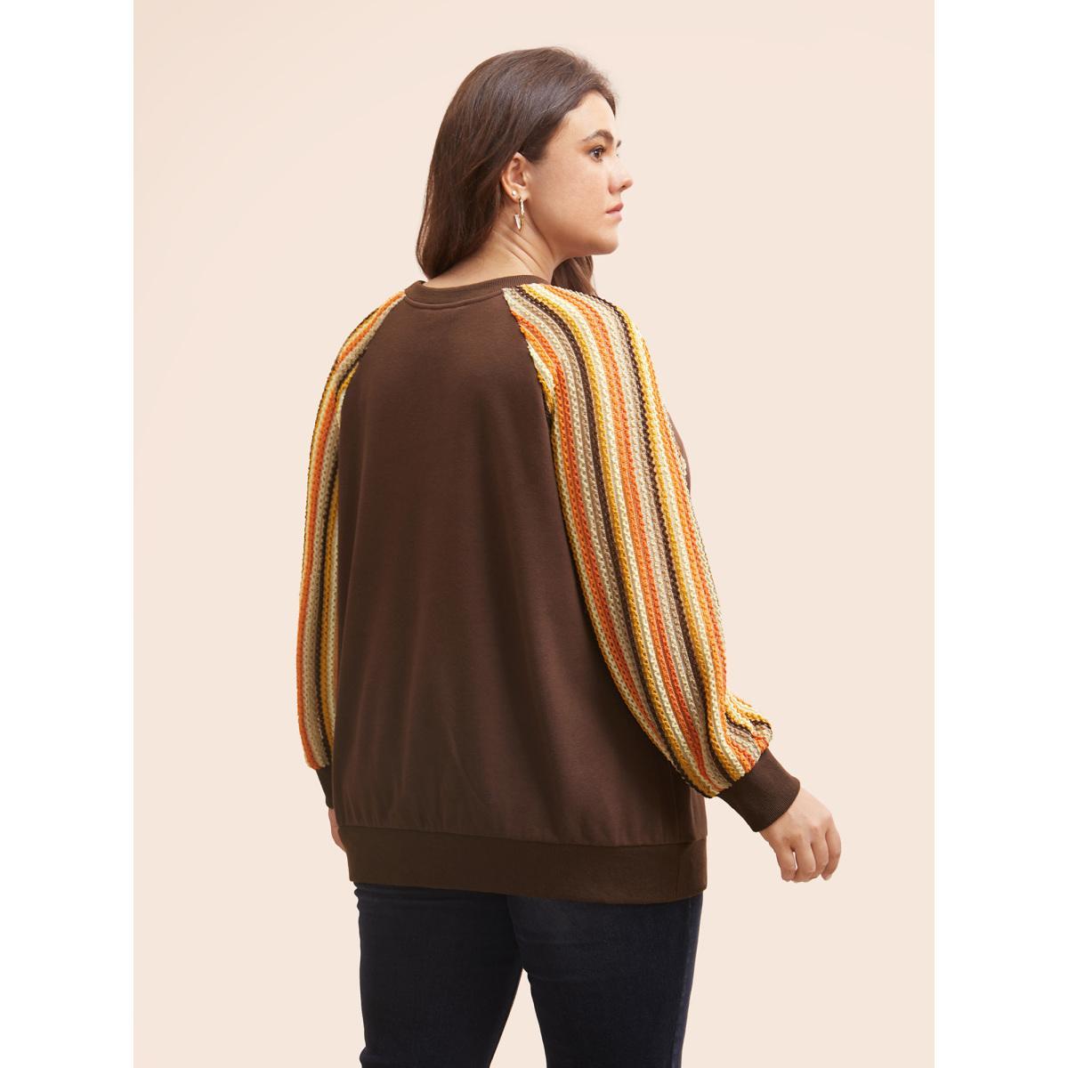 Plus Size Striped Textured Patchwork Raglan Sleeve Sweatshirt Women DarkBrown Casual Texture Round Neck Everyday Sweatshirts BloomChic 22-24/3X Product Image