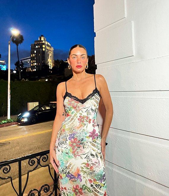 AFRM Nissa Floral Mesh V-Neck Sleeveless Spaghetti Strap Lace Trim Sheath Midi Dress Product Image