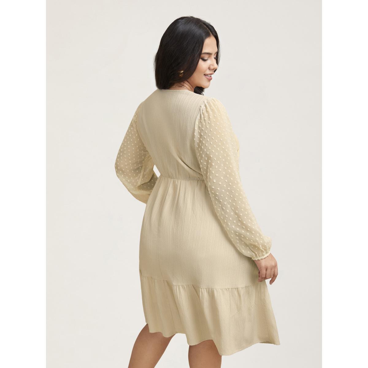 Plus Size Textured Stretchy-Waist Tiered Midi Dress Beige Women Elegant Texture Round Neck Long Sleeve Curvy BloomChic 22-24/3X Product Image