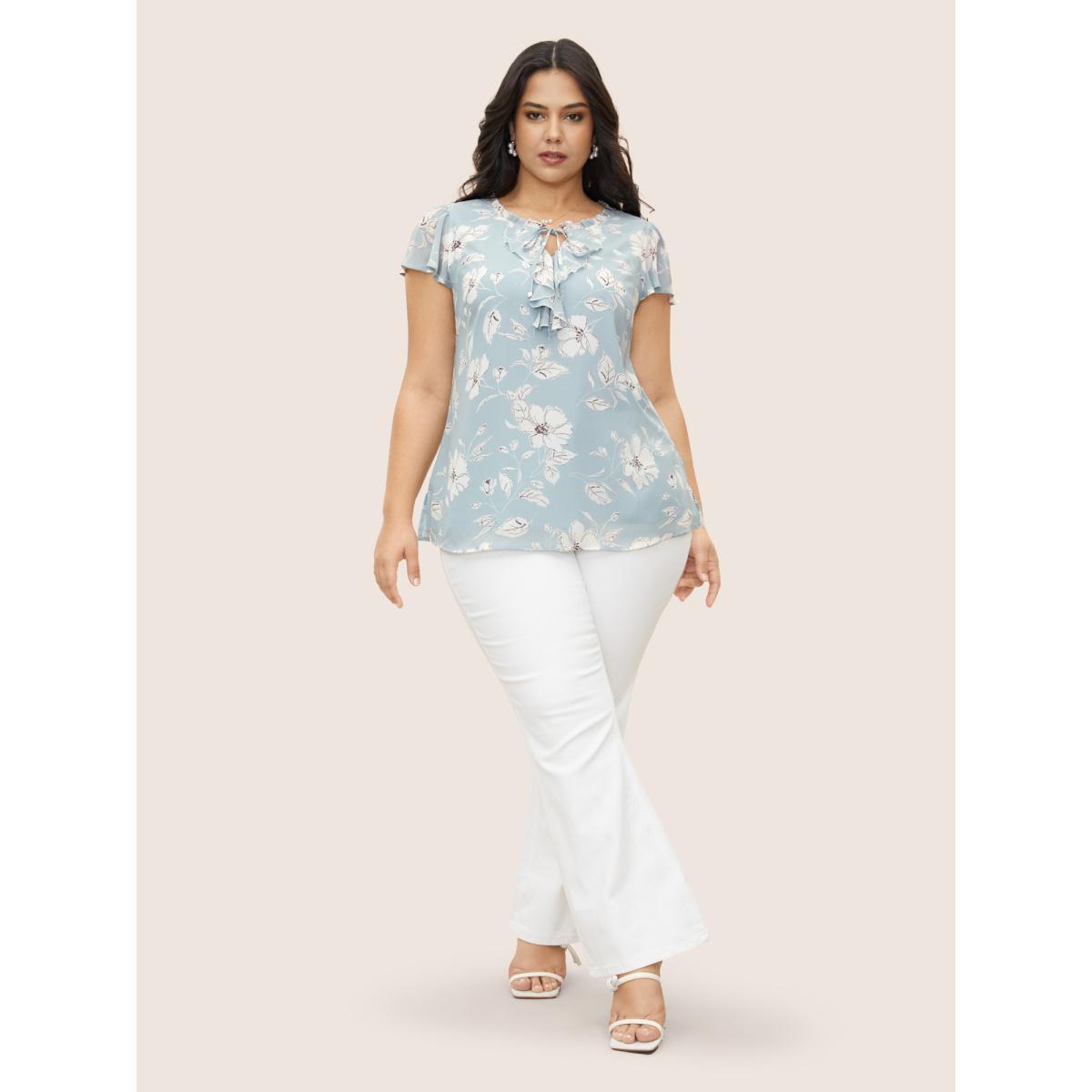 Plus Size Cerulean Floral Frill Trim Tie Knot Ruffles Blouse Women Elegant Cap Sleeve Round Neck Everyday Blouses BloomChic 10/M Product Image