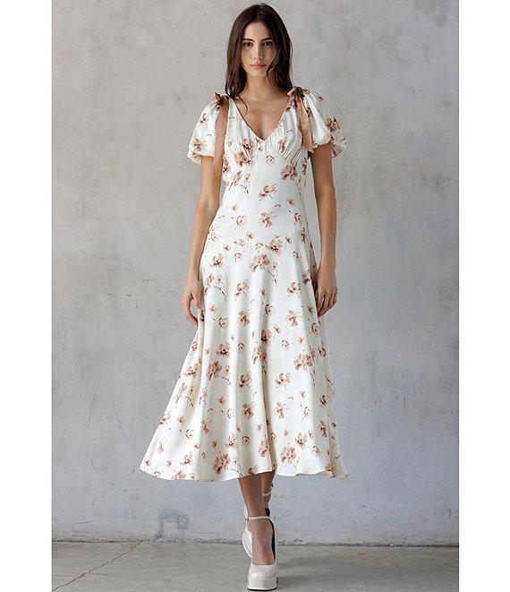 Storia Floral Print V-Neck Tie Shoulder Puff Sleeve A-Line Midi Dress Product Image
