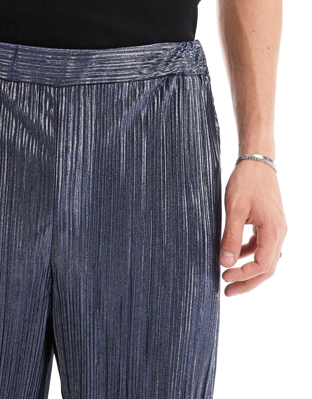 ASOS DESIGN smart tapered pants in blue metallic plisse Product Image