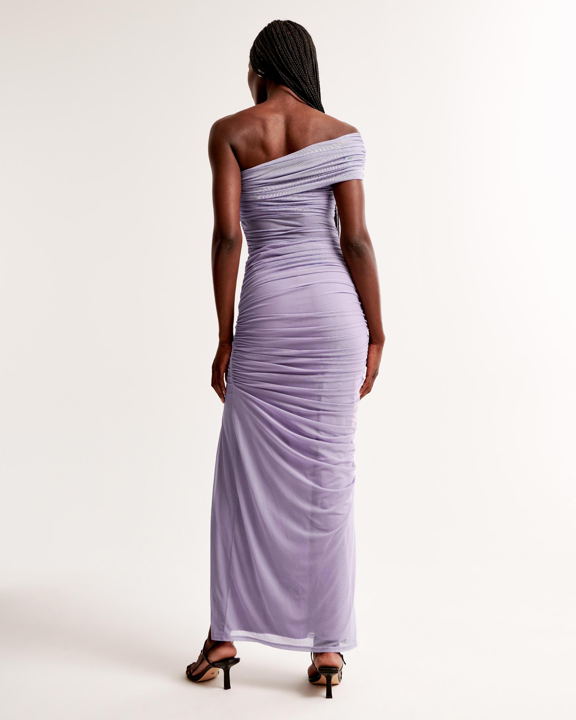 Mesh Asymmetrical Off-The-Shoulder Draped Maxi Dress Product Image