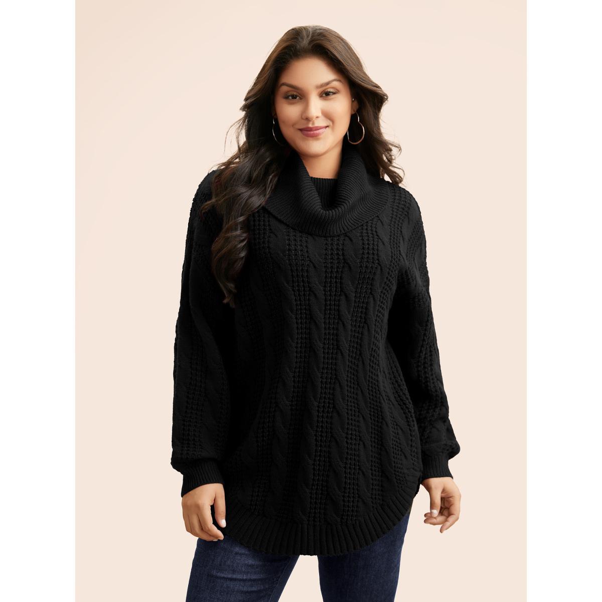 Plus Size Turtleneck Cable Knit Curved Hem Pullover Black Women Casual Loose Long Sleeve Turtleneck Everyday Pullovers BloomChic 18-20/2X Product Image