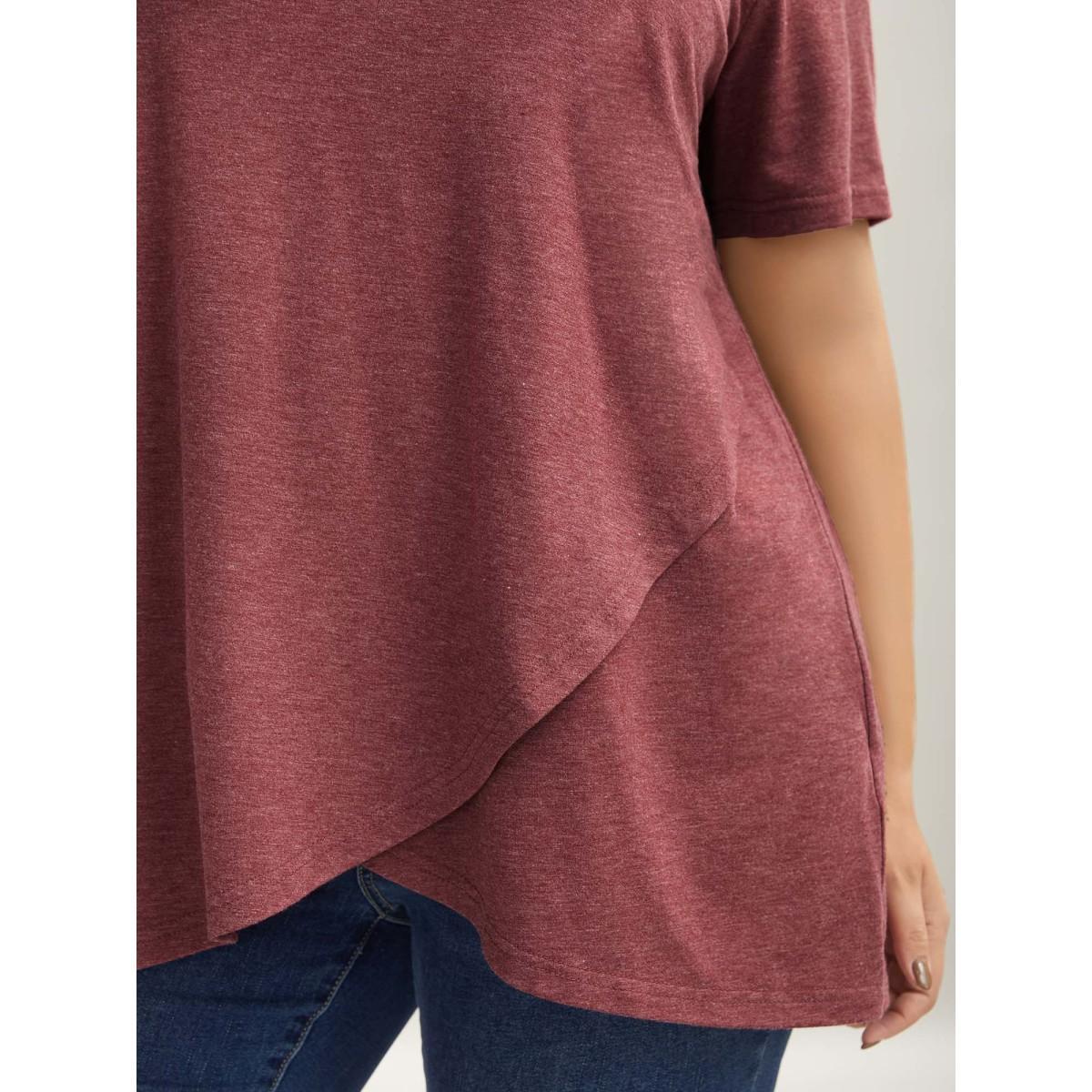Plus Size Heather Stretchy Overlap Hem Plain T-Shirt Russet Women Overlapping Round Neck Everyday-Casual T-shirts BloomChic 14-16/1X Product Image