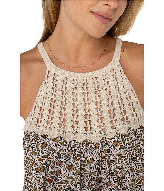 Liverpool Los Angeles Slub Jersey Knit Printed Sleeveless Crochet Halter Top Product Image