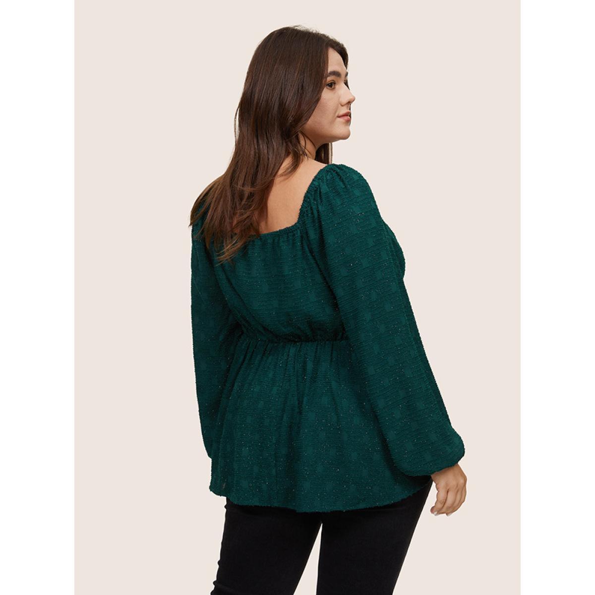 Plus Size Green Solid Jacquard Notched Lantern Sleeve Blouse Women Glamour Long Sleeve Notched collar Party Blouses BloomChic 22-24/3X Product Image