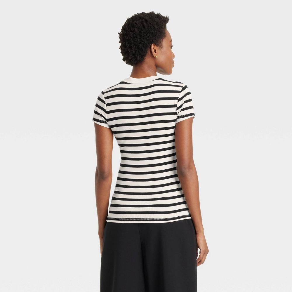 Women's Short Sleeve Ribbed T-Shirt - A New Day™ Cream Striped XL: Cotton Modal Blend, Crew Neck, Pullover Product Image