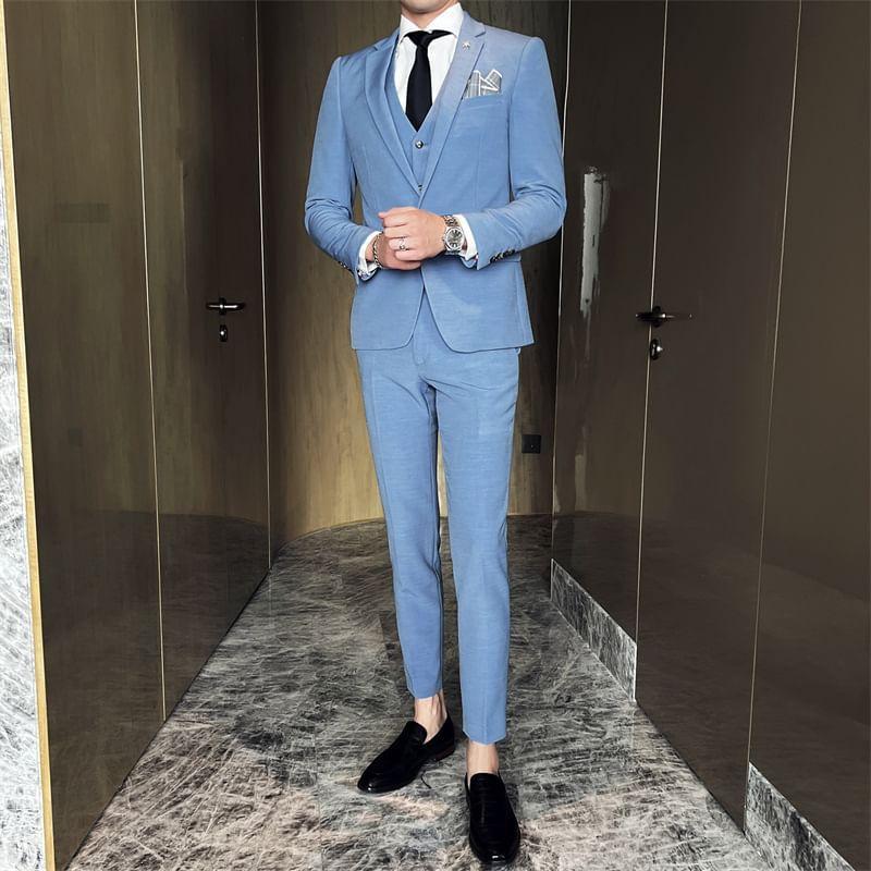 Set: Lapel Collar Plain Single Button Blazer + Mid Rise Plain Dress Pants + V-Neck Plain Single Breasted Vest Product Image