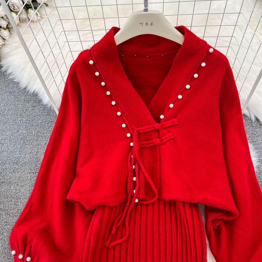 Set: Sleeveless V-Neck Plain Ribbed Knit Sheath Dress + Faux Pearl Cardigan Product Image